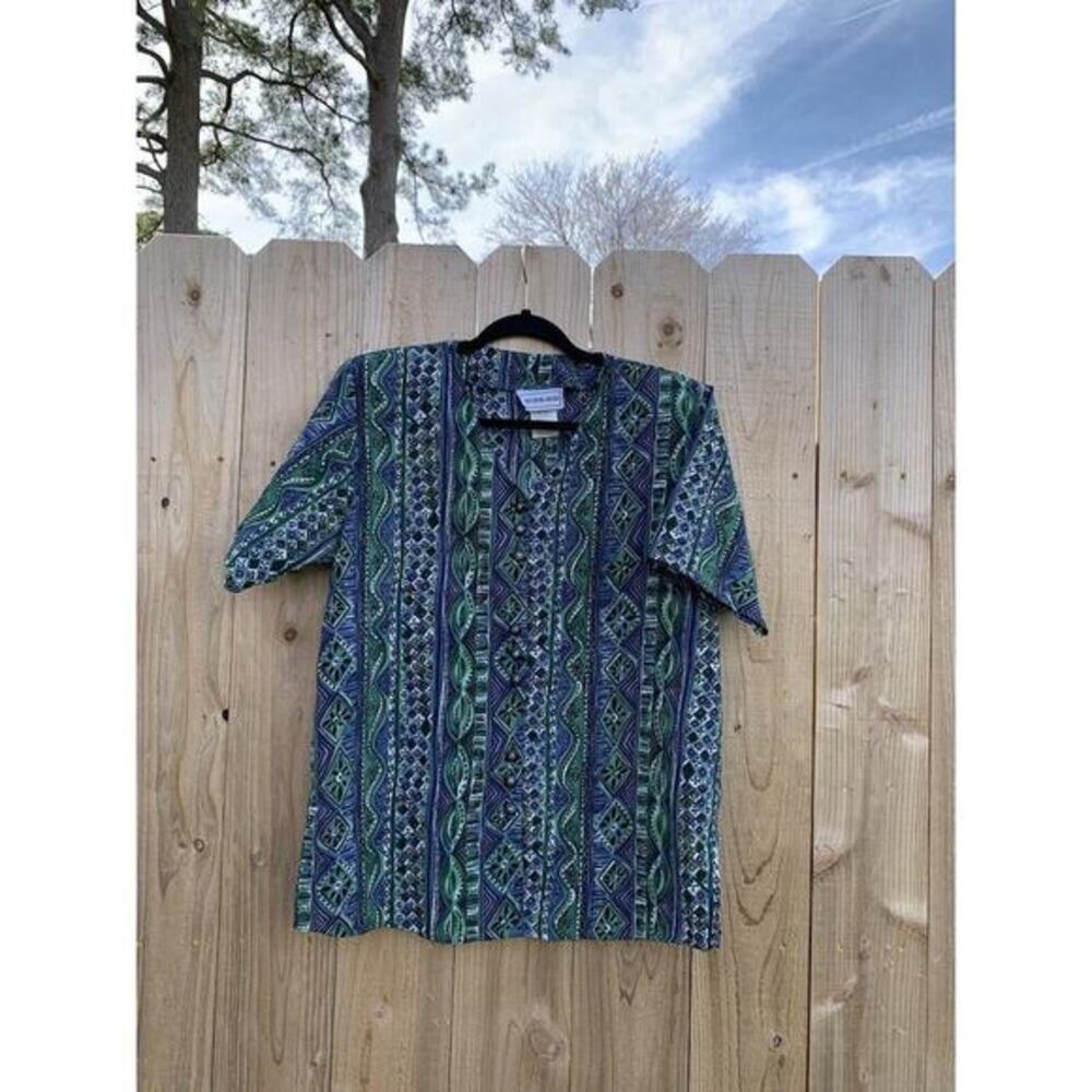 Vintage California Krush Top Women Blue Green Short Sleeve button‎ up medium